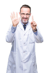 Middle age senior hoary professional man wearing white coat over isolated background showing and pointing up with fingers number six while smiling confident and happy.