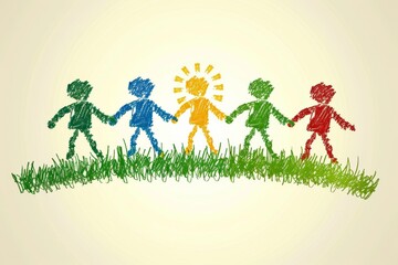 Fototapeta premium Colorful illustration of children holding hands in a field, celebrating diversity and unity with vibrant hues and joyful expressions in a playful, cartoon style.