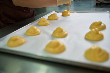 Woman confectioner squeezing pastry bag with dough