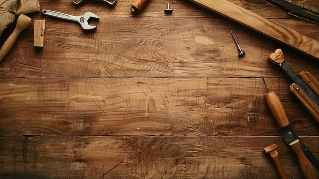 Carpentry tools on wooden tabletop with space for text above