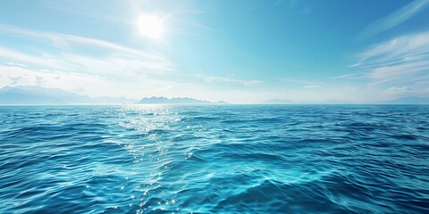 Fototapeta premium Beautiful Ocean View with Clear Blue Sky, Wide Shot of Sea Surface with Gentle Ripples and Sparkling Water Under Bright Sunlight, Creating an Enchanting Scene for Endless Adventure
