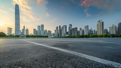 Obraz premium Sunny day, wide angle of the city skyline with modern buildings and empty asphalt floor with tire marks under blue sky.