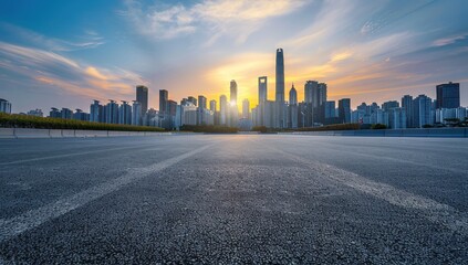Sunny day, wide angle of the city skyline with modern buildings and empty asphalt floor with tire marks under blue sky.