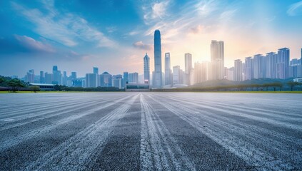 Obraz premium Sunny day, wide angle of the city skyline with modern buildings and empty asphalt floor with tire marks under blue sky.