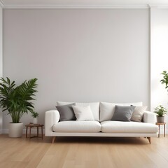 Cozy comfort Natural contemporary living room mockup template room ideas sofa with blank space wall backdrop cozy interior decorating house beautiful background. Generative AI