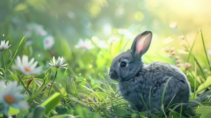 Fototapeta premium Adorable gray bunny in lush green meadow