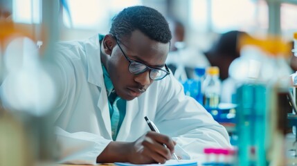 Focused African American male medical student writing notes in a laboratory. Education, scientific research, and academic dedication.