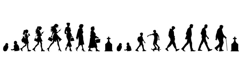 Vector illustration. Silhouette of growing up man from baby to old age. Many people of different ages in a row.	