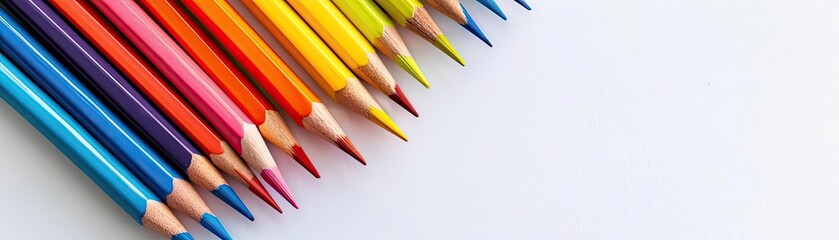 Vibrant arrangement of colored pencils aligned on a white background, showcasing a variety of hues, perfect for art and creativity concepts.