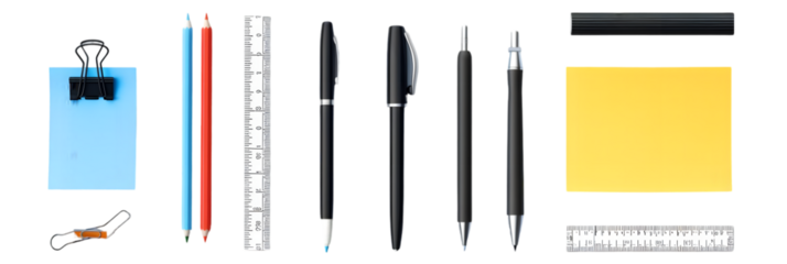 Assortment of Office Supplies: Pencils, Pens, and Rulers