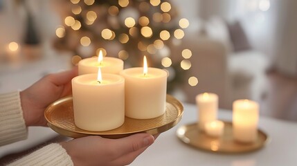 Female hands holding a golden tray with three lit candles against the background of Christmas lights of the New Year tree in the living room.Atmosphere of warmth and homeliness