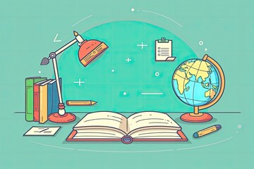 Illustration of a study desk with an open book, globe, desk lamp, and stationery, perfect for educational or academic themes.