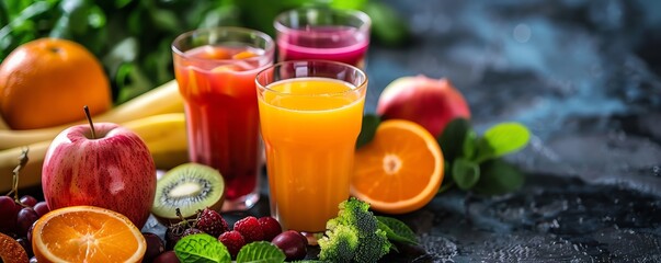 Freshly squeezed juices in glasses with fruits and vegetables, healthy eating, vitamin boost