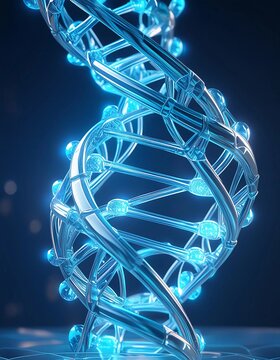 dna sculpture made of glass in blue and brown, medicine