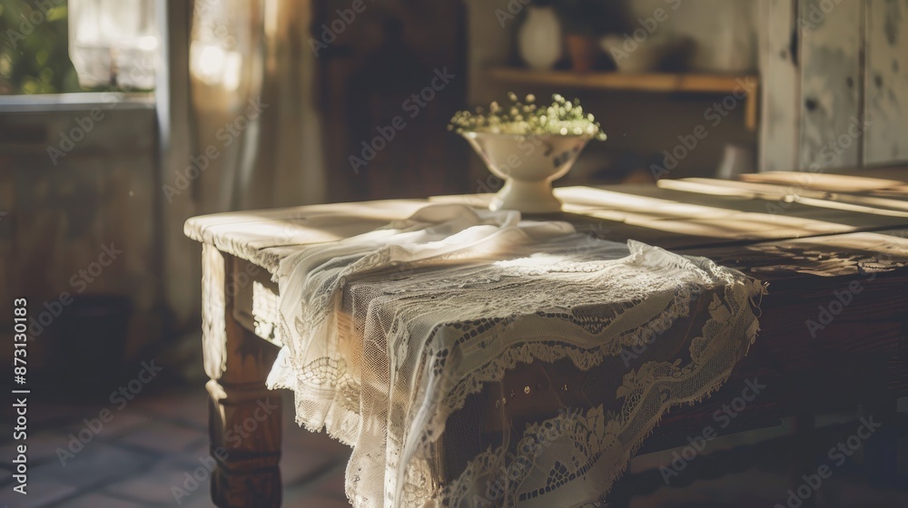 Sticker Vintage wooden table with white linen lace and sunlight Rustic kitchen backdrop