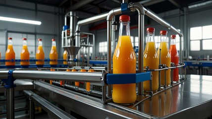 Modern production line for bottling and packaging natural juices and drinks.
