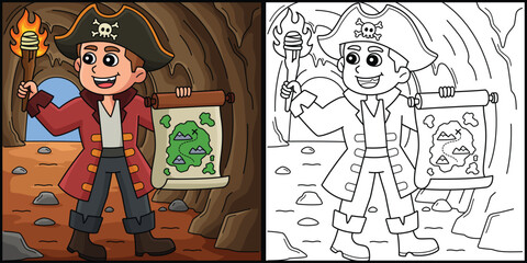 Pirate Treasure Map Coloring Page Illustration