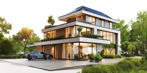Fototapeta premium A modern house with solar panels on the roof and an electric car.