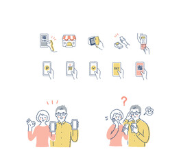 スマホを持っているカップル・キャッシュレス決済のアイコン