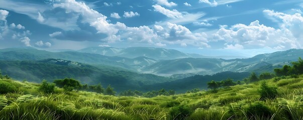 Illustration of Lush Green Meadow with Rolling Hills and a Blue Sky with Puffy Clouds