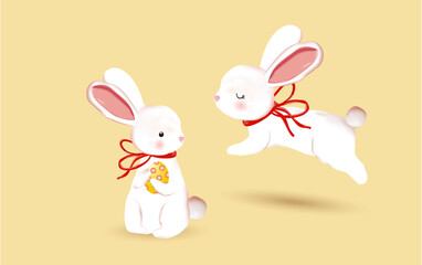 3D illustration of cute bunnies on a light orange background. One bunny jumps high towards the bunny holding an egg