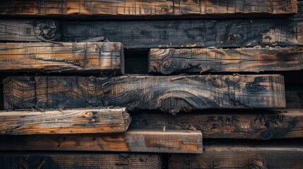 A stack of aged wood planks and logs