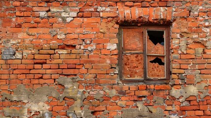 Wall made of red bricks with a shattered window