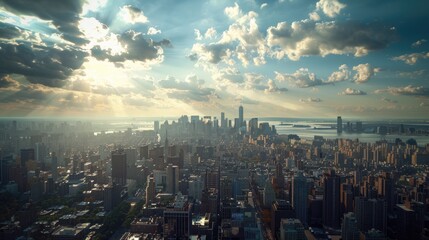 Fototapeta premium A bustling city skyline under a partly cloudy afternoon sky, with patches of sunlight illuminating different parts of the urban landscape.