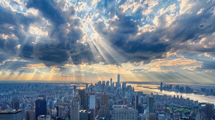 A bustling city skyline under a cloudy afternoon sky, with patches of sunlight breaking through the clouds.