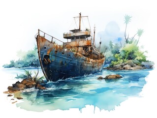 Immerse viewers in the heart-wrenching tragedy of an aerial view of a shipwreck, captured in a hauntingly beautiful watercolor palette