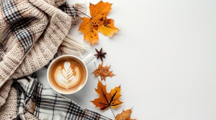 Autumn themed flat lay with coffee sweater plaid and leaves on white background