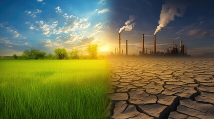 Obraz premium Contrasting Landscapes: Green Tranquility vs. Industrialization