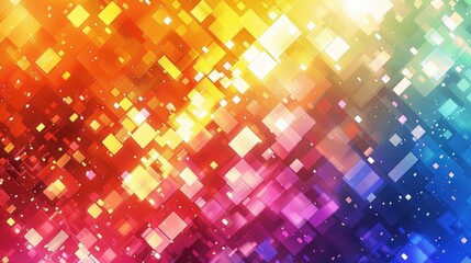 A vibrant abstract background with digital pixelated patterns in rainbow shades