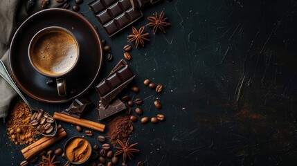 Coffee chocolate and spices on a sleek black surface
