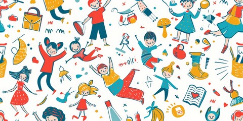 Fototapeta premium Whimsical Children Activities in Colorful Illustration