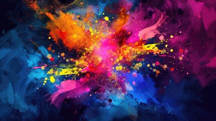 A vibrant abstract background with explosive, paint-splatter effects in bold colors