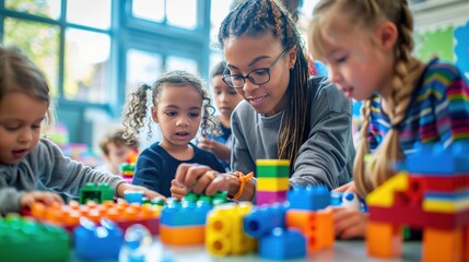 A woman is helping a group of children play with