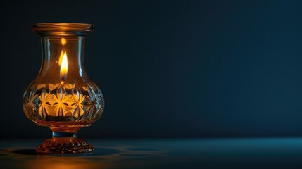 Antique glass lamp with lit candle on navy blue backdrop