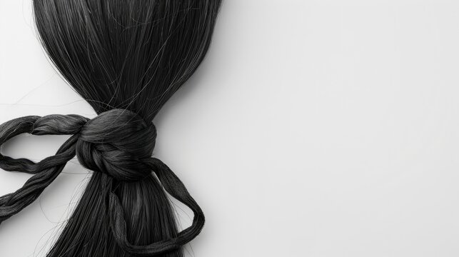 Black hair knotted against white background with space for text