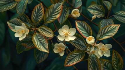 Leaves with dual colors adorned by white blooms