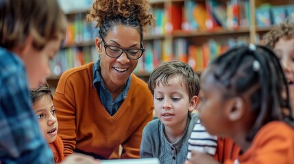 Obraz premium A teacher is sitting with a group of children in a library