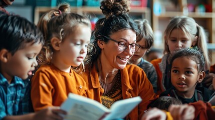Fototapeta premium A teacher is reading a book to a group of children