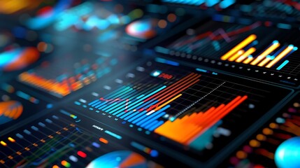 Abstract 3D Digital Interface with Colorful Charts and Graphs