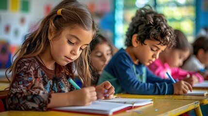 A group of children are sitting at a desk and writing in their notebooks