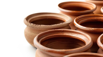 Close up of clay pots on white background with copy space
