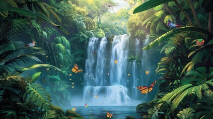 Naklejka premium A cascading waterfall surrounded by lush tropical vegetation, with birds and butterflies flying around.