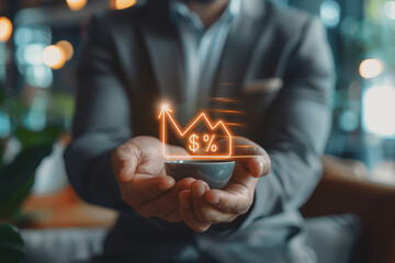 The Businessman holds up an arrow icon and percentage with graph indicators for investment growth.