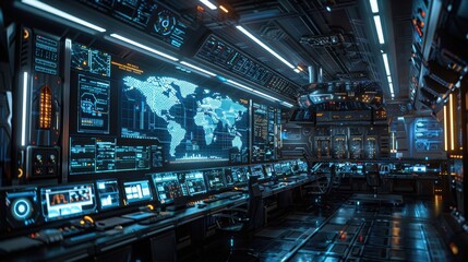 Fototapeta premium A futuristic military command center with holographic strategy maps and AI communication