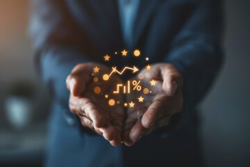 The Businessman holds up an arrow icon and percentage with graph indicators for investment growth.