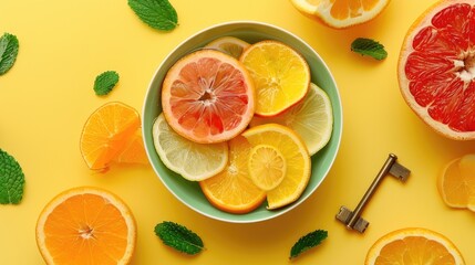Sliced citrus fruit with sweeteners in bowl from above Key for tea on yellow backdrop